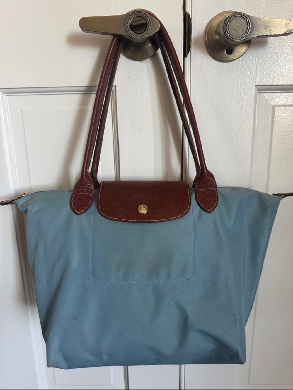 Longchamp Light Blue Nylon Tote with Brown Leather Trim